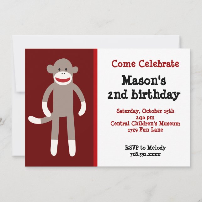 Invitations à la fête d'anniversaire de Sock Monke (Devant)