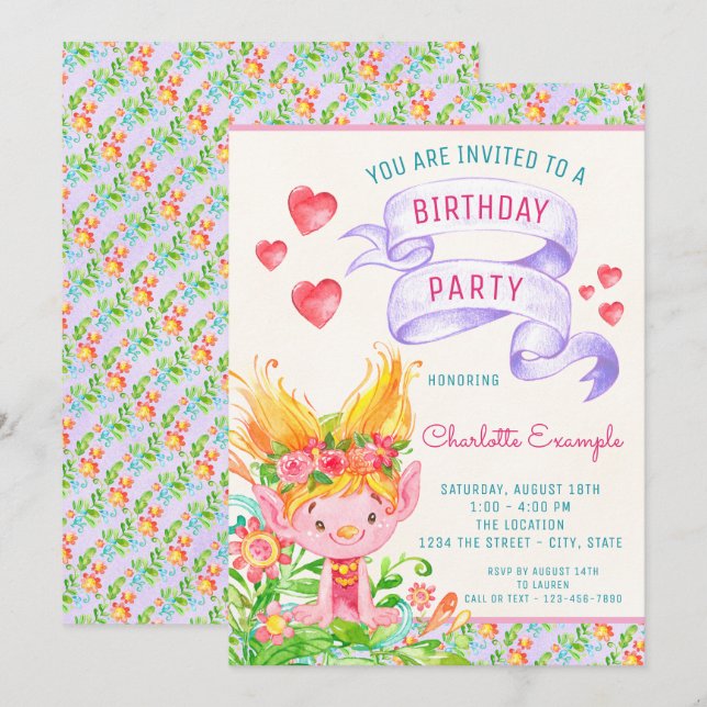 Invitations à la fête d'anniversaire de Troll (Devant / Derrière)
