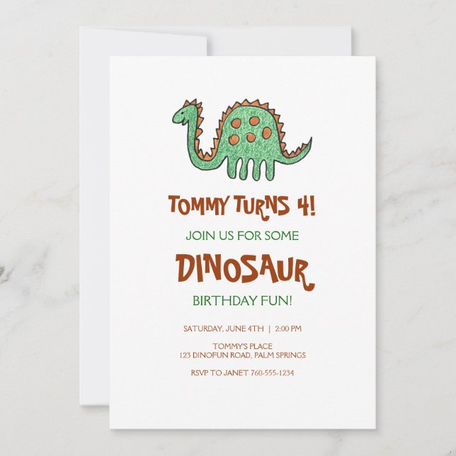 Invitations à la fête d'anniversaire des dinosaure (Devant)