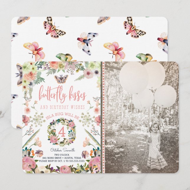 Invitations à la fête d'anniversaire des papillons (Devant / Derrière)