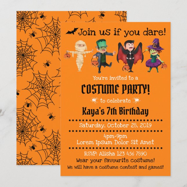 Invitations à la fête d'anniversaire d'Halloween (Devant / Derrière)