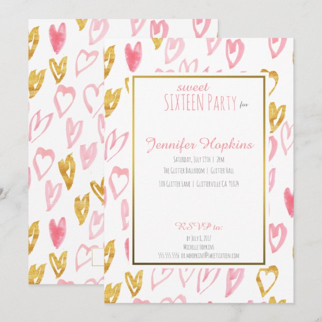 Invitations à la fête des Coeurs Rose et Or (Devant / Derrière)