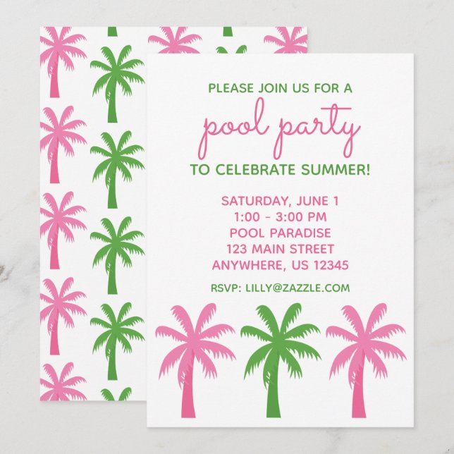 Invitations à la fête des palmiers roses et verts  (Devant / Derrière)