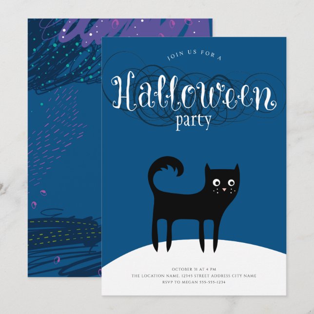 Invitations à la fête d'Halloween en chat noir (Devant / Derrière)