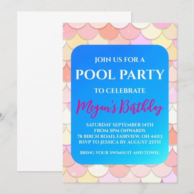 invitations à la fête du pool de sirènes (Devant / Derrière)