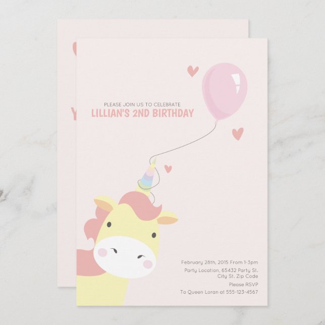 Invitations à la licorne pour Anniversaire magique (Devant / Derrière)