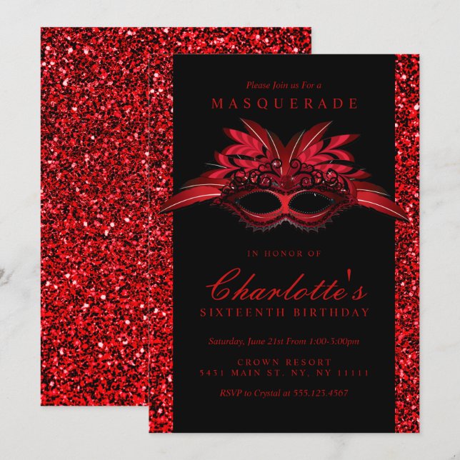 Invitations à la mascarade Parties scintillant rou (Devant / Derrière)