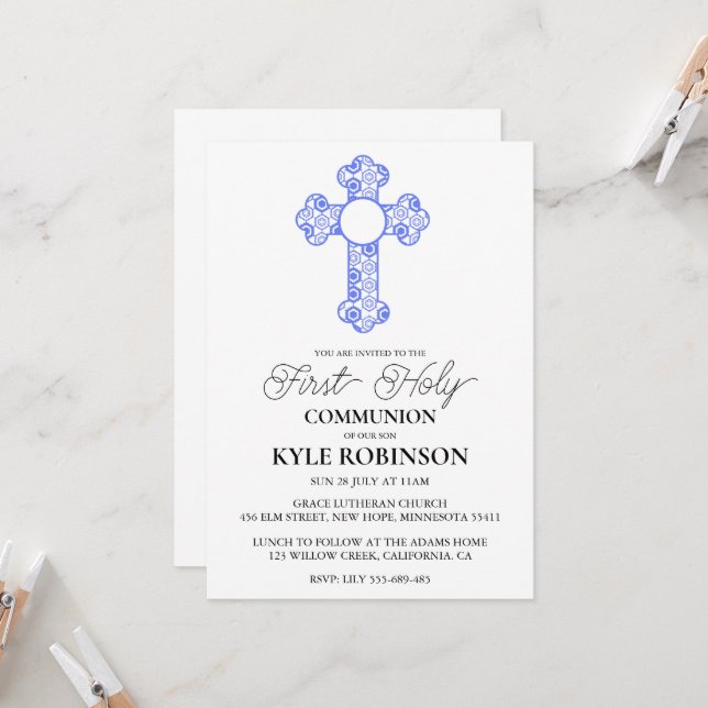 invitations à la première communion bleue (Devant/Arrière en situation)