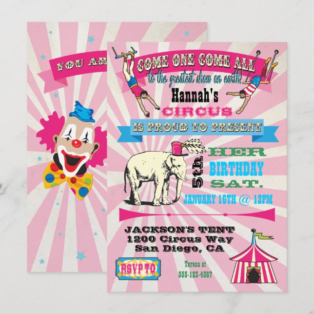 Invitations à la réception de style Cirque GIrly (Devant / Derrière)