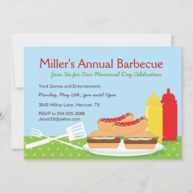 Invitations à la soirée barbecue Memorial Day (Devant)