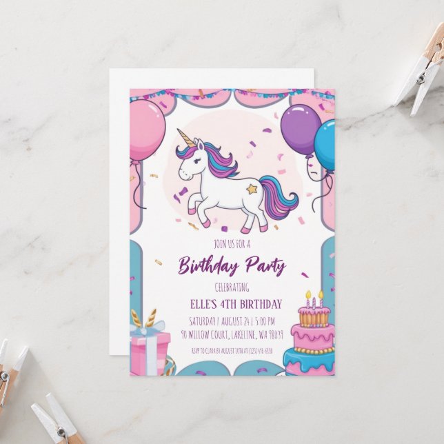 invitations à l'anniversaire de la licorne mignonn (Devant/Arrière en situation)
