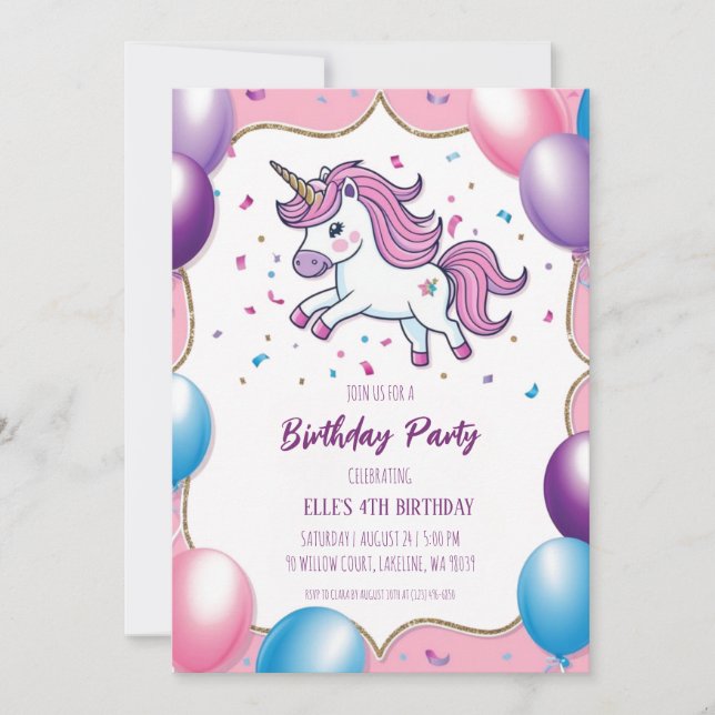 invitations à l'anniversaire de la licorne mignonn (Devant)