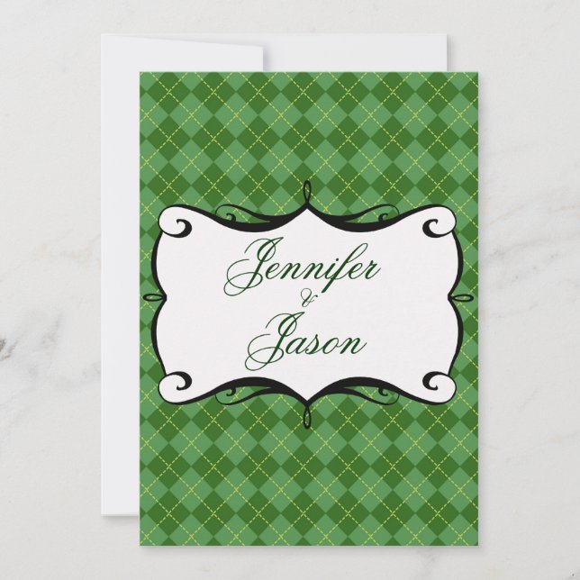 Invitations à motifs de losanges vertes de mariage (Devant)
