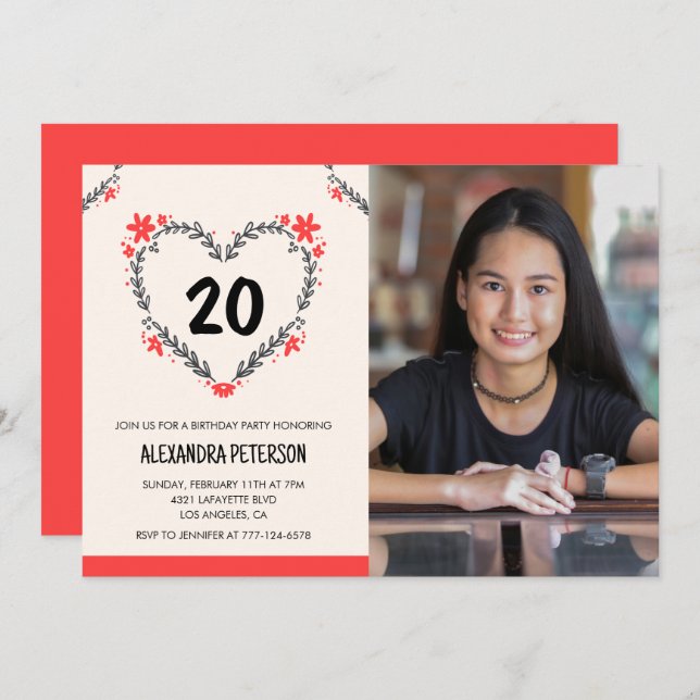 Invitations à ses 20e anniversaire pour son coeur  (Devant / Derrière)