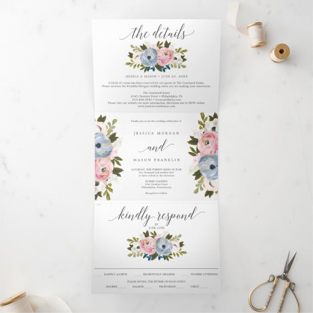 Invitations à trois volets de Mariage floral Dusty (Intérieur)