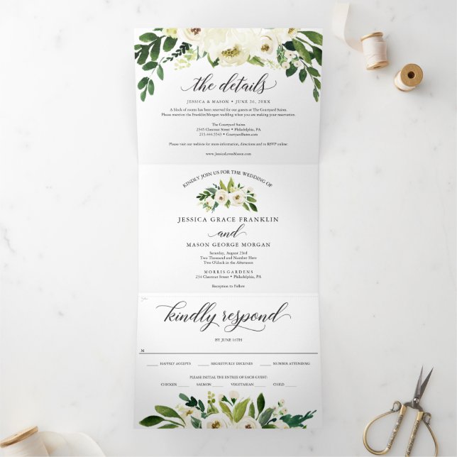 Invitations à trois volets de Roses blanches (Intérieur)