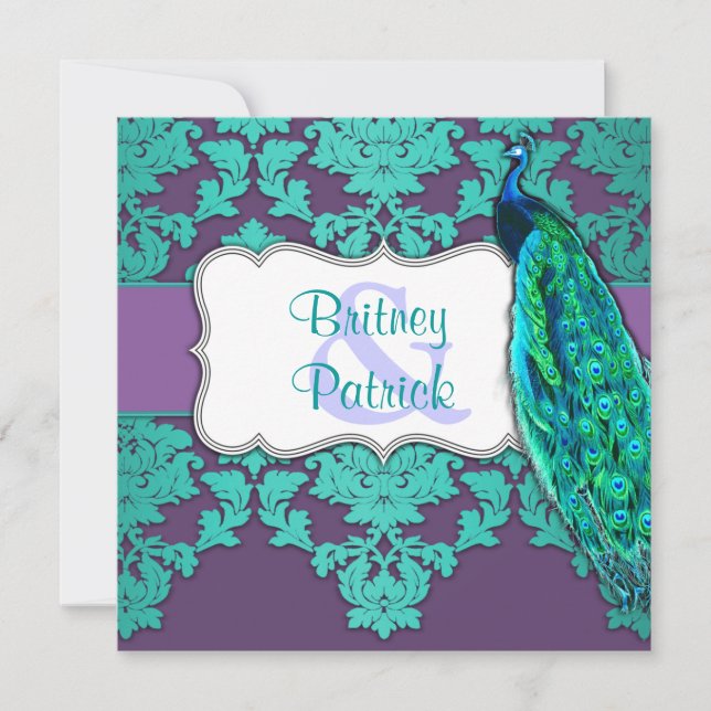 Invitations Aqua Peacock et Purple Mariage damassé (Devant)
