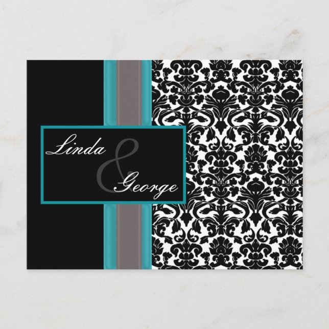 Invitations Aqua White Black Mariage damassé (Devant)
