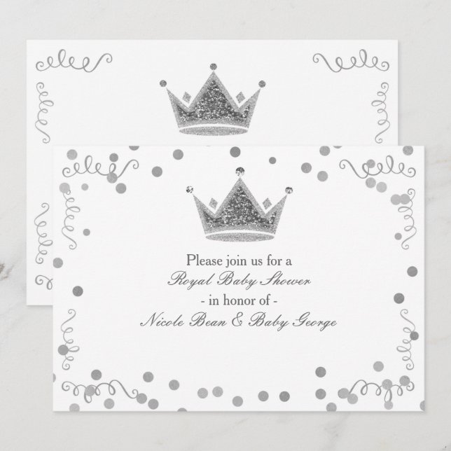 Invitations Argent Royal Crown & Confetti Party (Devant / Derrière)
