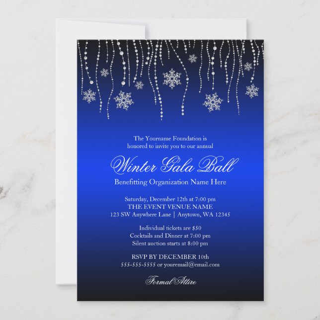 Invitations au gala des Snowflakes d'argent bleu (Devant)