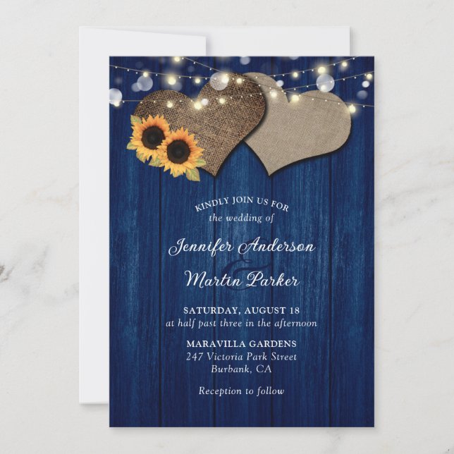 Invitations au mariage floral bleu et tournesol de (Devant)