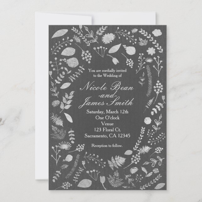 Invitations au mariage floral gris et argent au ch (Devant)