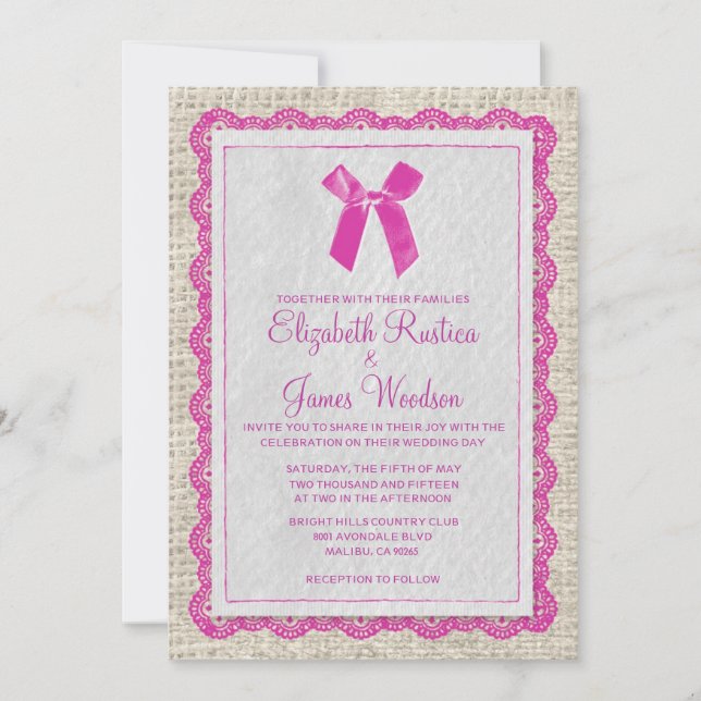 Invitations aux mariages de Burlap à Fuchsia (Devant)