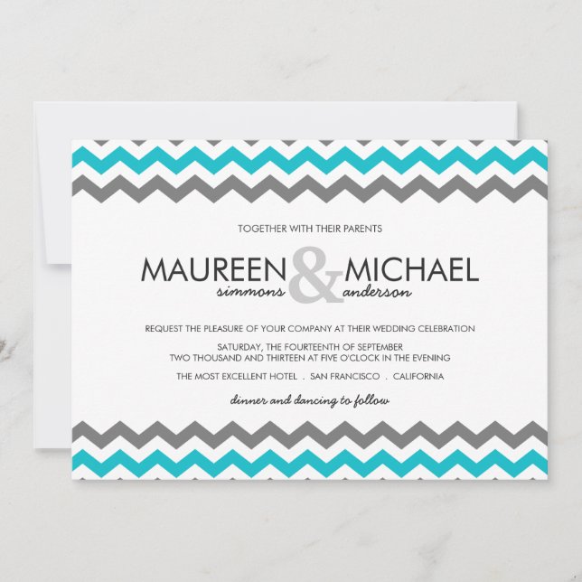 Invitations aux mariages Gray & Blue Chevron Zig Z (Devant)