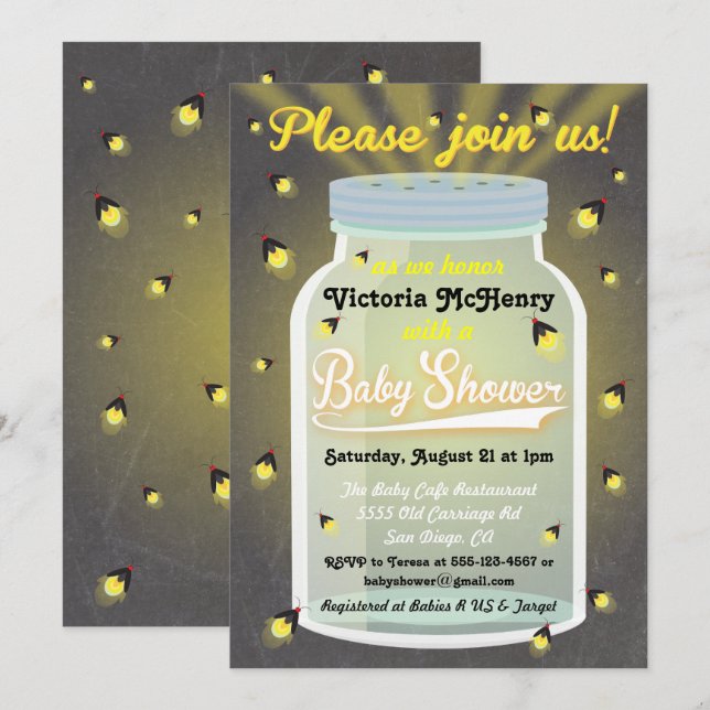 Invitations Baby showers de lucioles de tableau Ma (Devant / Derrière)