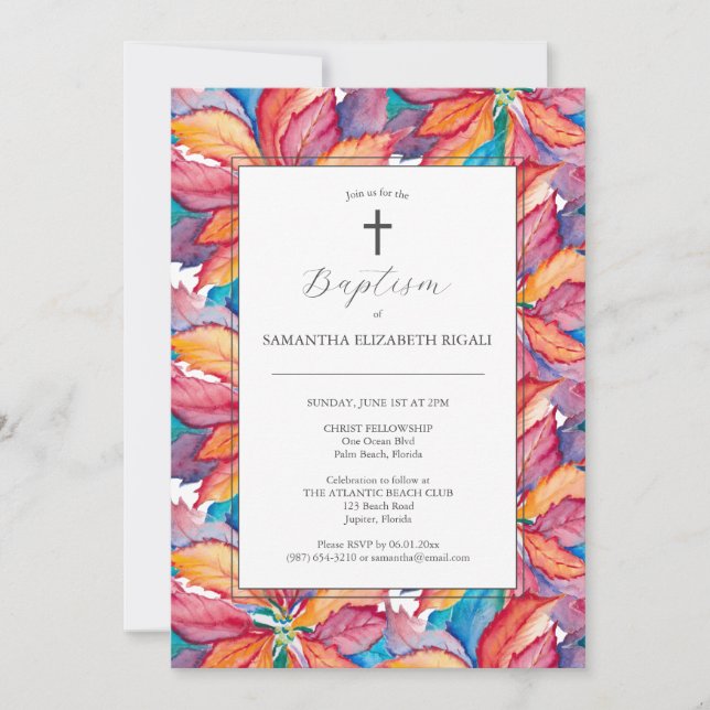 Invitations Baptême Unique Poinsettia colorée (Devant)