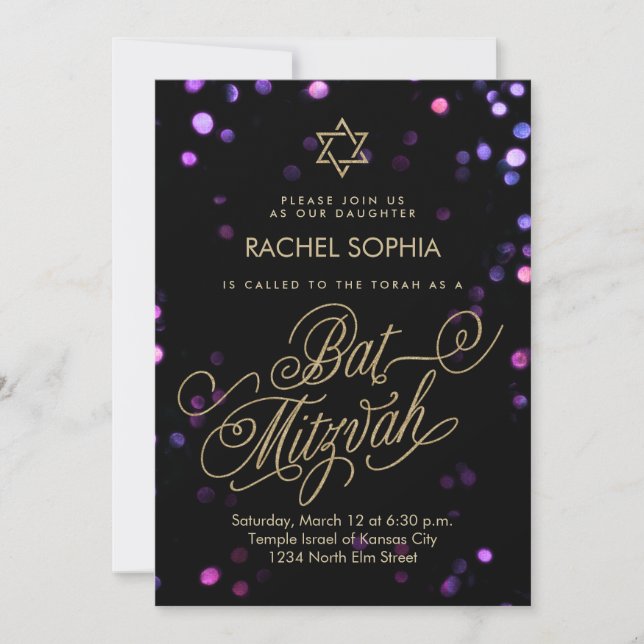 Invitations bat mitzvah | Élégant violet et or (Devant)