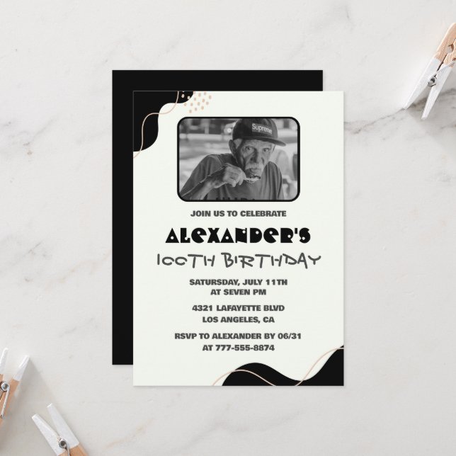 Invitations Black 100e anniversaire Hommes Simple  (Devant/Arrière en situation)