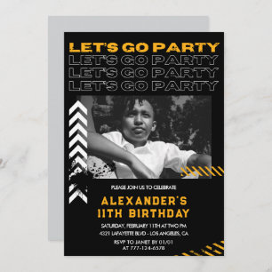 Invitations Black 11e anniversaire Boy Photo Spray