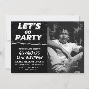 Invitations Black 12e anniversaire Boy Photo