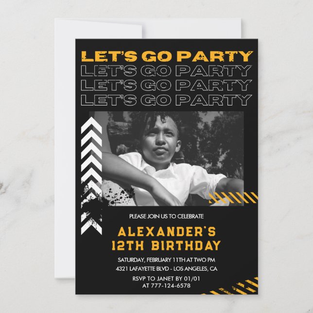 Invitations Black 12e anniversaire Boy Photo Spray (Devant)