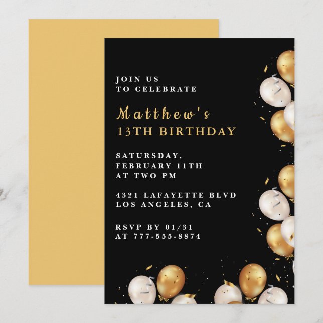 Invitations Black 13e anniversaire Gold Balloon Bo (Devant / Derrière)
