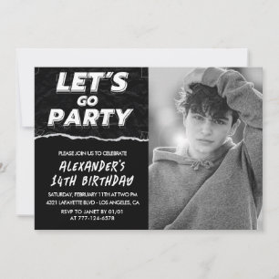 Invitations Black 14e anniversaire Boy Photo