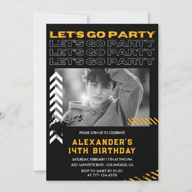 Invitations Black 14e anniversaire Boy Photo Spray (Devant)