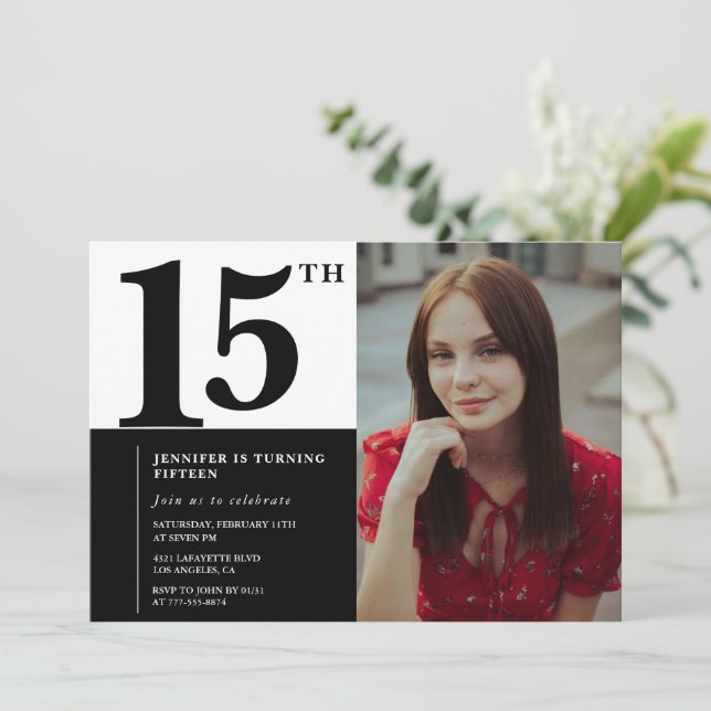 Invitations Black 15e anniversaire Elegant Chic (Debout devant)
