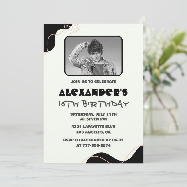 Invitations Black 16e anniversaire Hommes Simple P (Debout devant)
