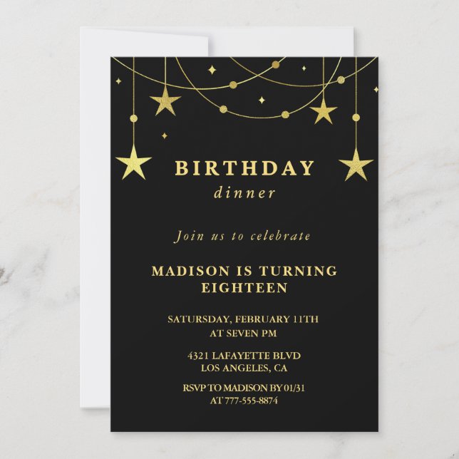 Invitations Black 18e anniversaire Gold Stars (Devant)