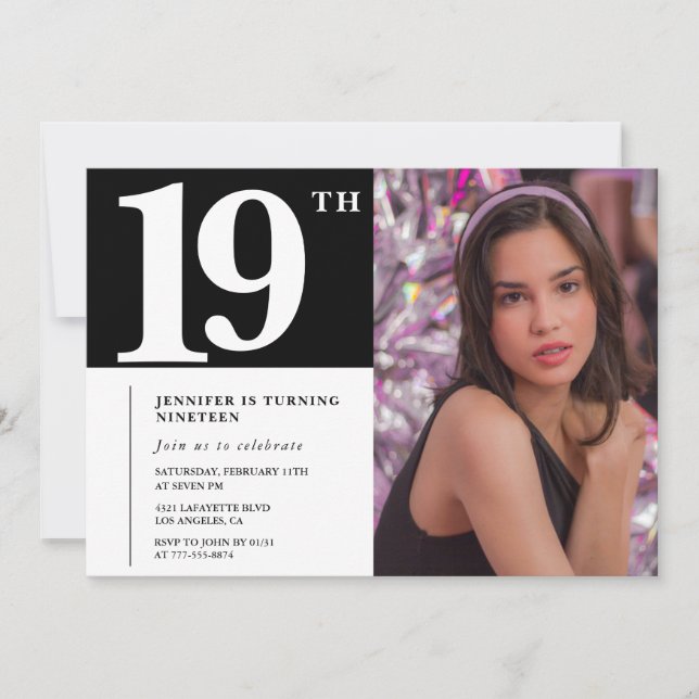 Invitations Black 19e anniversaire Girl Chic Photo (Devant)