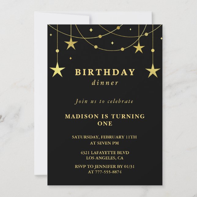 Invitations Black 1er anniversaire Gold Stars (Devant)
