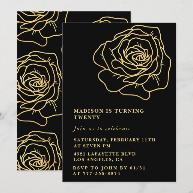 Invitations Black 20e anniversaire Gold Floral (Devant / Derrière)