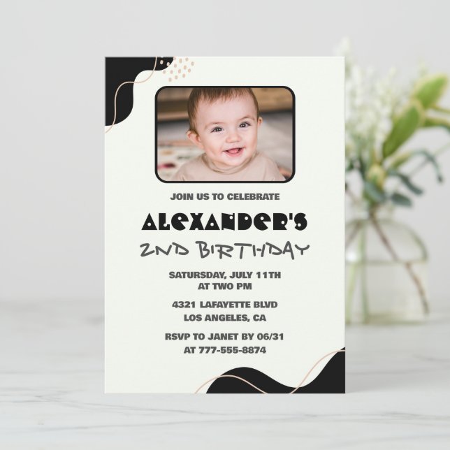 Invitations Black 2e anniversaire Boy Simple Photo (Debout devant)