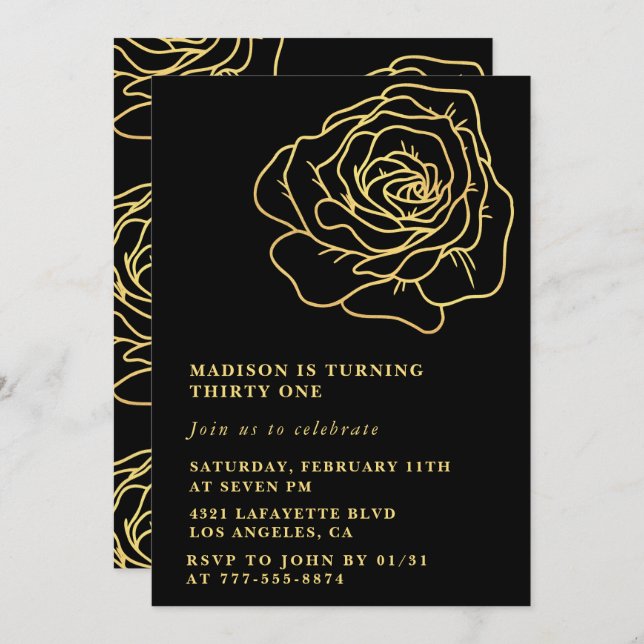 Invitations Black 31e anniversaire Gold Floral (Devant / Derrière)