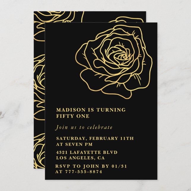 Invitations Black 51e anniversaire Gold Floral (Devant / Derrière)