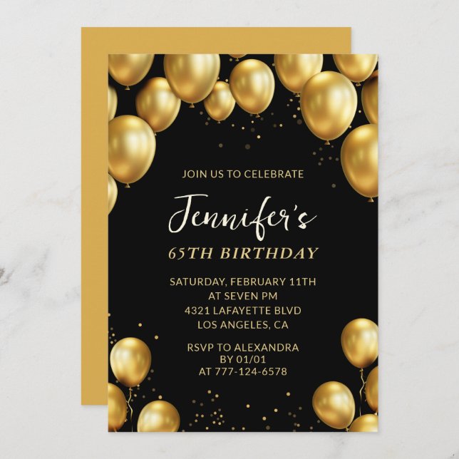 Invitations Black 65e anniversaire Balloons Confet (Devant / Derrière)