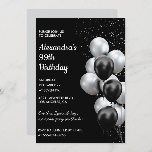 Invitations Black 99e anniversaire Balloons Silver (Devant / Derrière)
