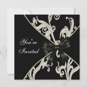 Invitations Black and Cream Swirl Party
